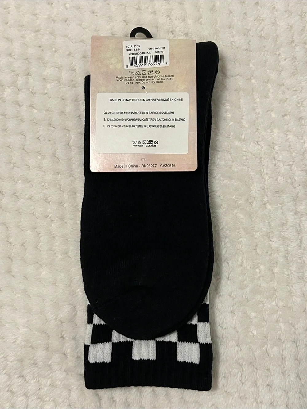 VANS “Off The Wall” Men’s Black Checkerboard Crew Socks - 1 Pair Medium (6.5-9)